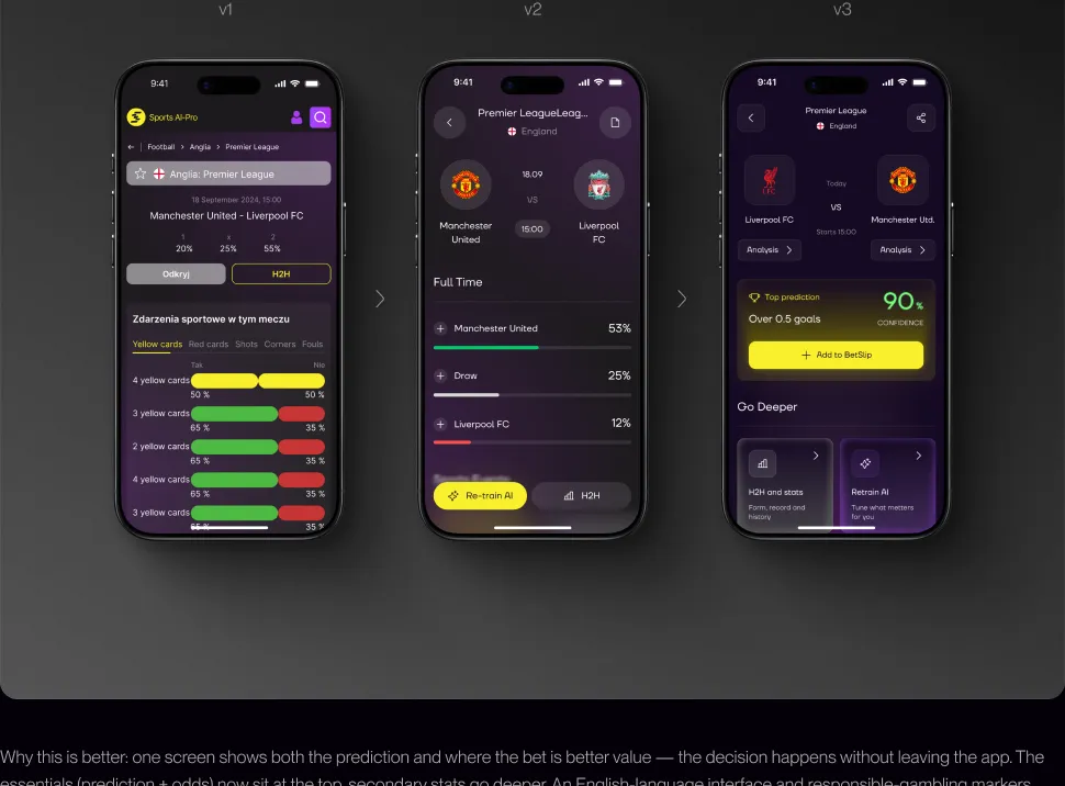 Match screen redesign — v1 to v2 to v3