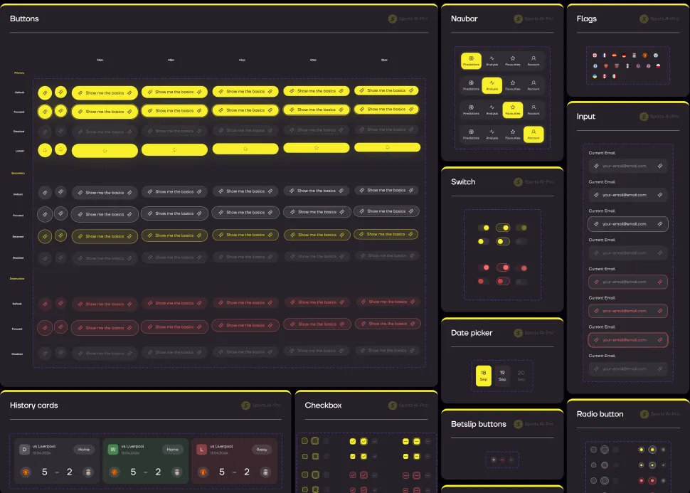 Component library — buttons, navbar, inputs, cards and states